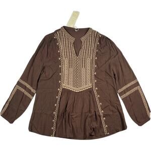 Komili Brown Boho Embroidered Peasant Tunic Top, Folk Babydoll, Plus Size 2X